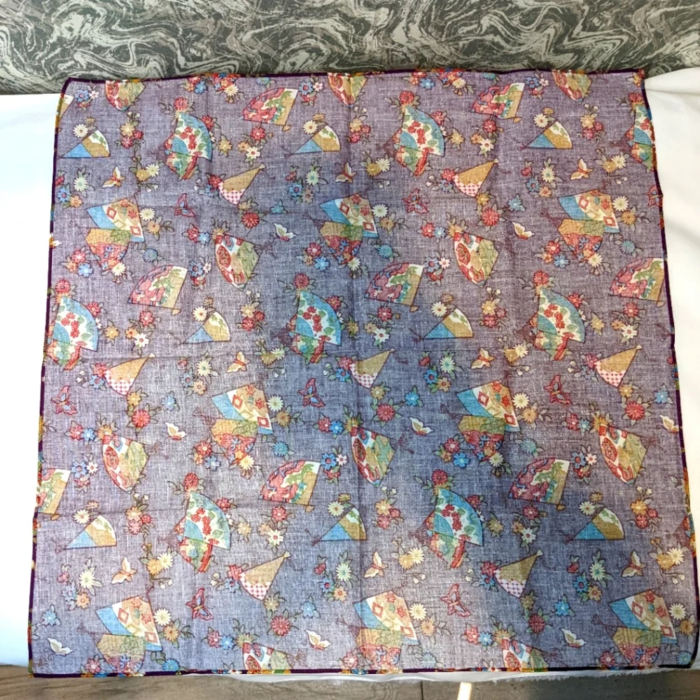 NWOT Vintage Japanese Handkerchief -  Flowers Butterflies Fans